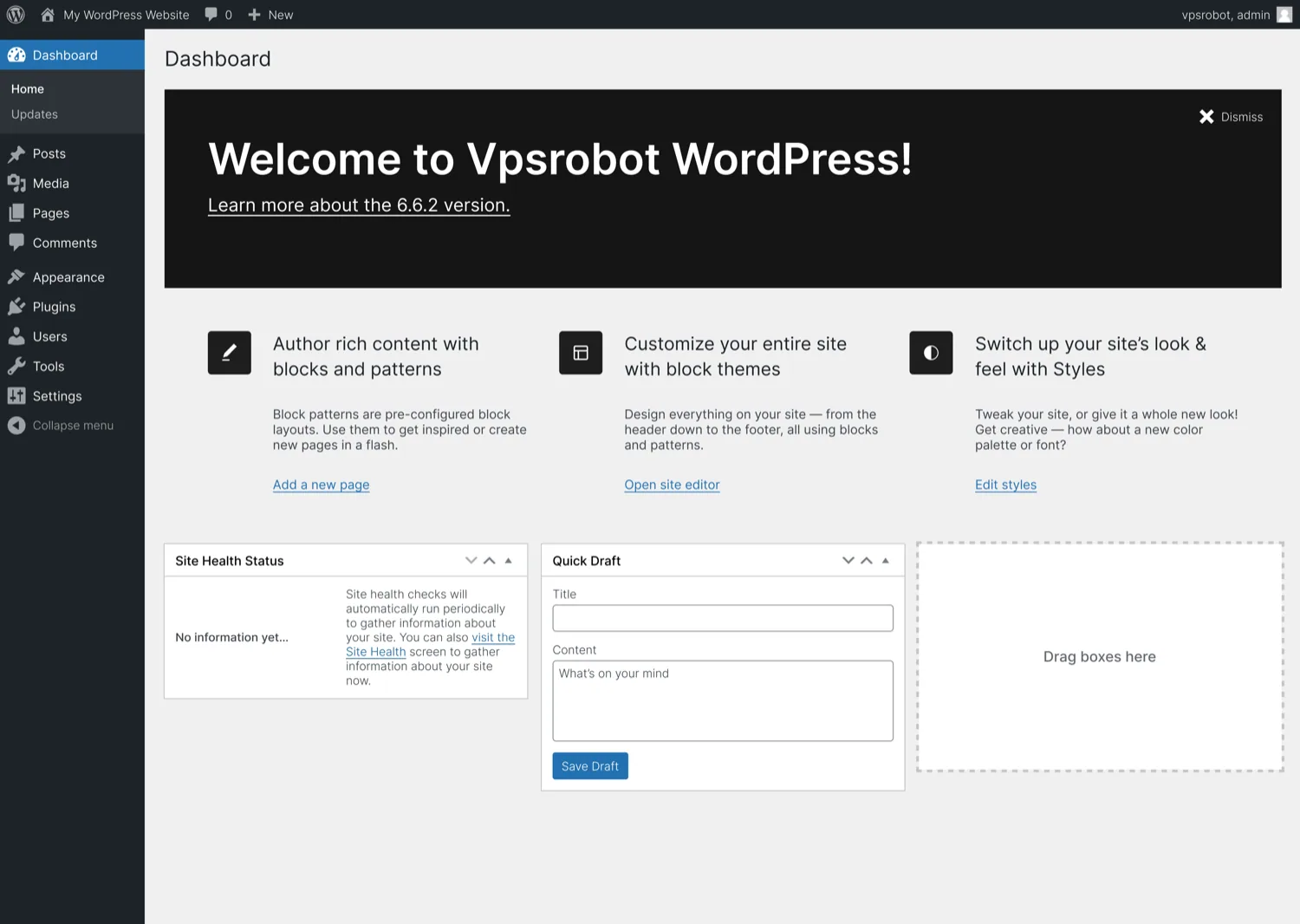 VPSRobot WordPress yönetim ekranı