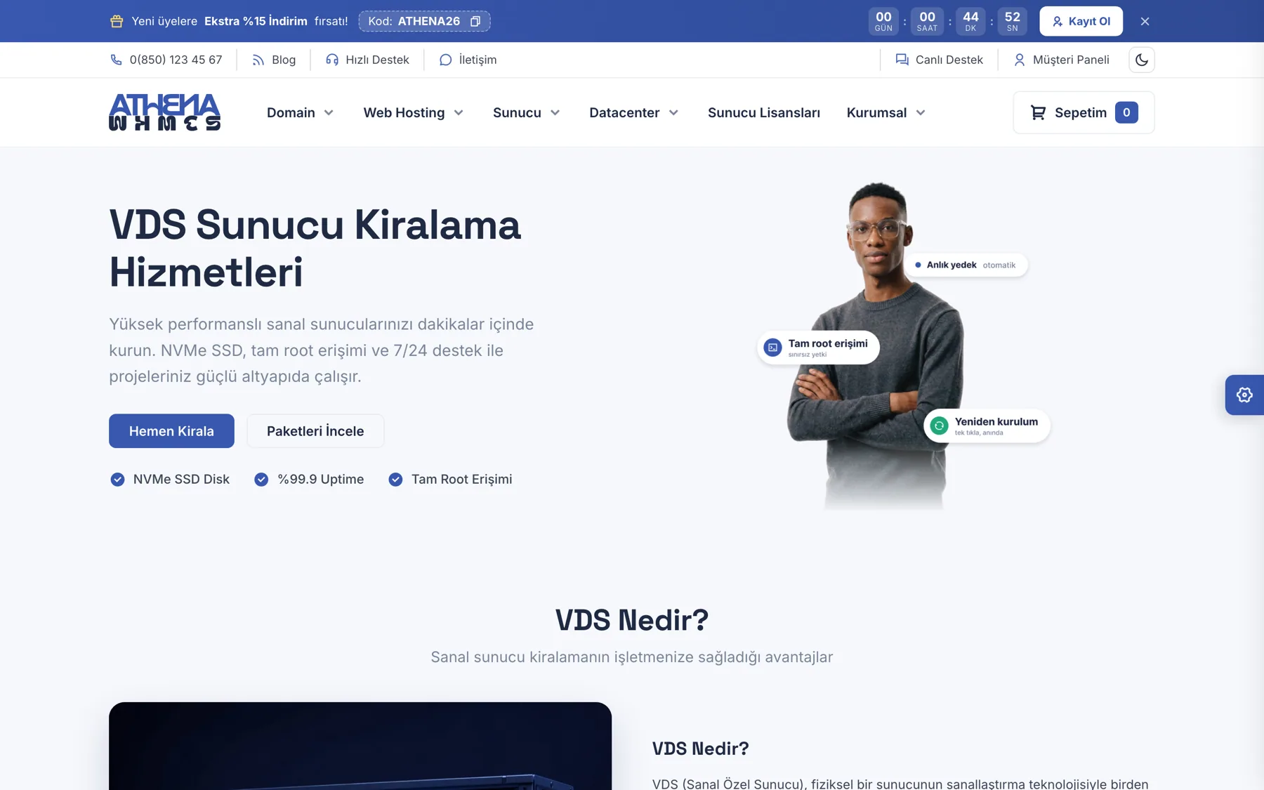 Athena VDS kiralama sayfası