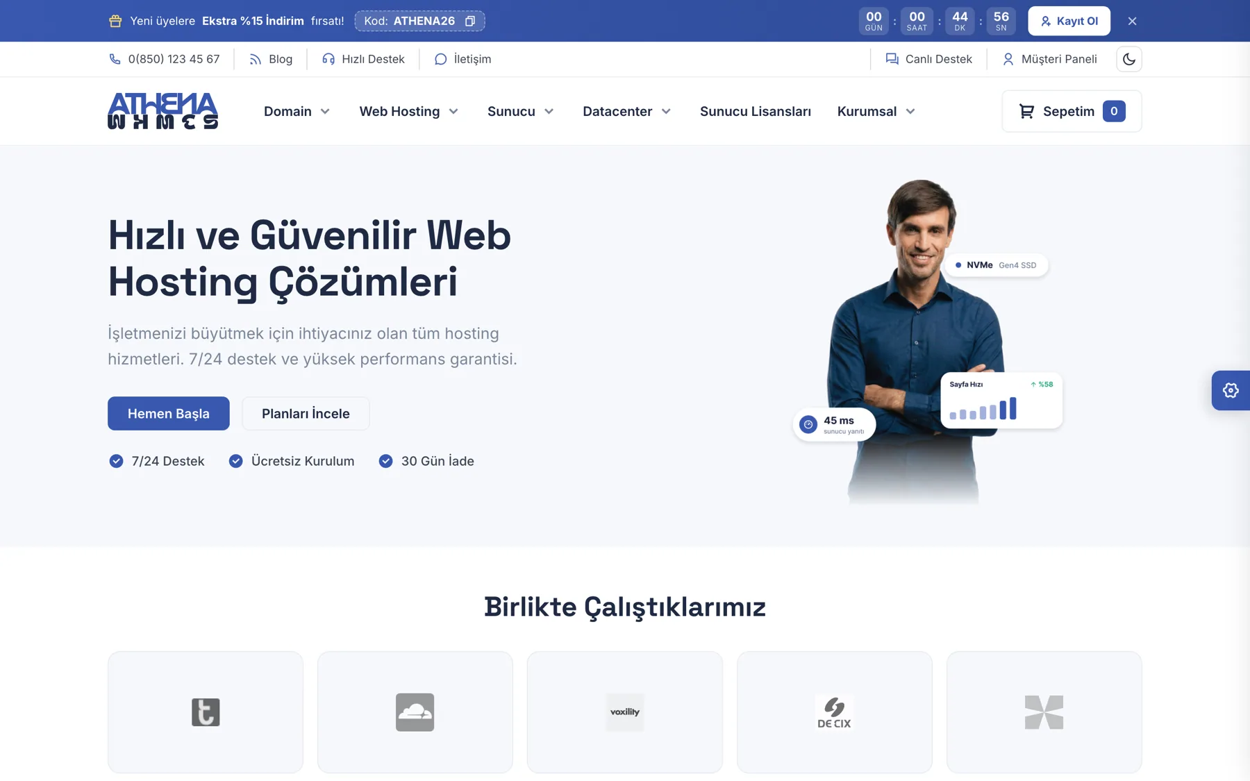 Athena web hosting ürün sayfası