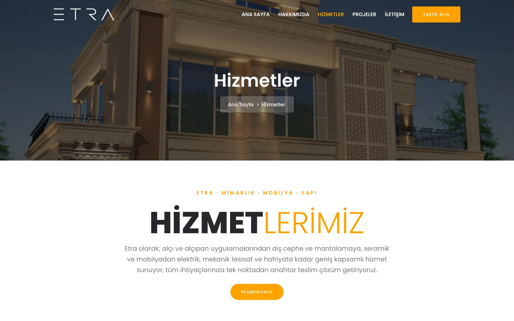 ETRA hizmetler sayfası