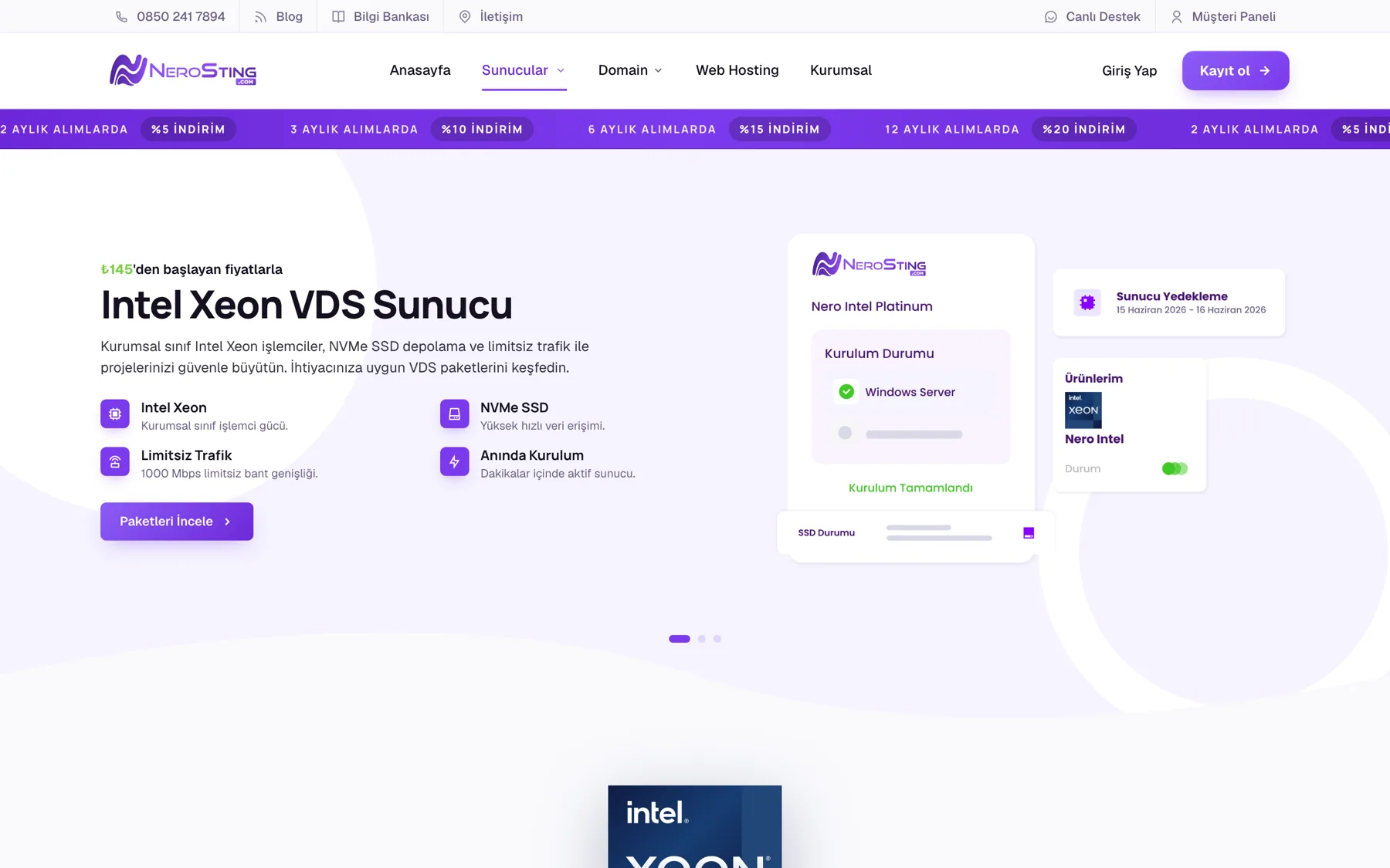 NeroSting Intel VDS ürün sayfası