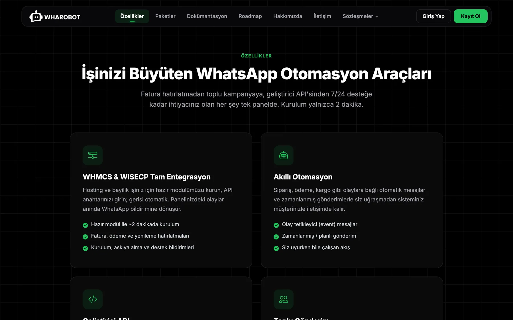WHAROBOT özellikler sayfası